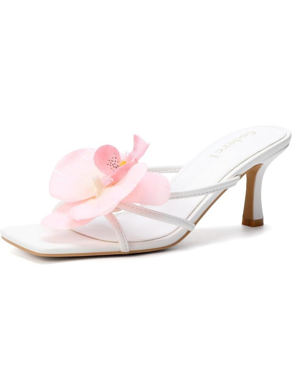 Goderci Women's Light Pink Rubber Floral Square Open Toe Mid Slip On Mule Heels